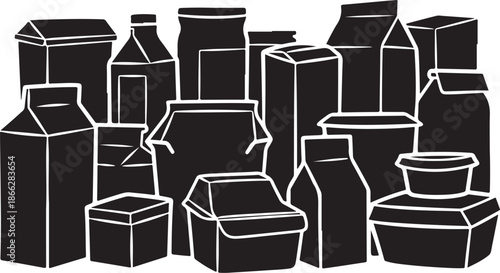 Black and white illustration of various food packaging containers