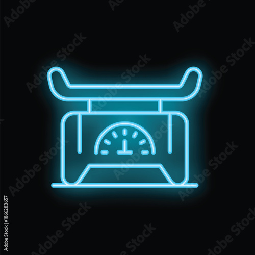 Neon blue weight scale icon glowing on black background representing dieting and healthy lifestyle concept