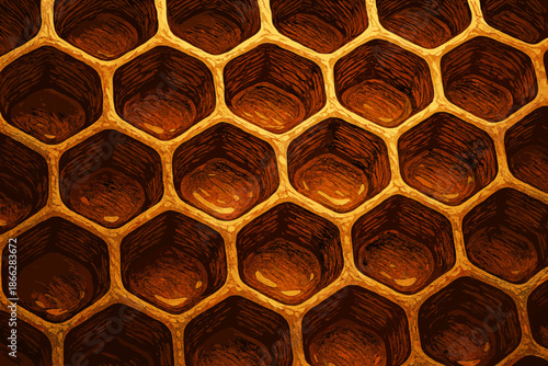 Golden Honeycomb. Artistic macro shot of a honeycomb illuminated by soft golden vector illustration light, sharp and intricate