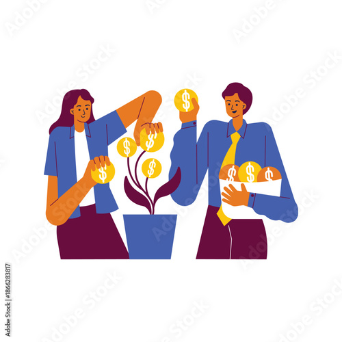 Businesspeople cultivating financial growth with money plant illustration.