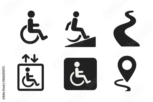 Mobility Access Icons. Solid style icons of mobility access mapping: wheelchair icon, ramp, pathway, elevator, accessibility sign,