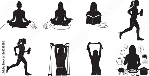 Silhouette of woman doing various fitness and wellness activities