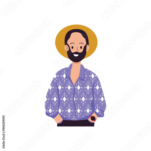 Cartoon illustration of a man with a beard and patterned shirt.