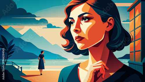 Very beautiful silhouette of a pensive woman isolated on white background, expressing calm emotion, inner thoughts, elegance, and simplicity, perfect for artistic concepts, emotional design, minimalis