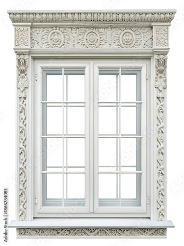 Ornate White Classical Window Frame isolated on transparent background