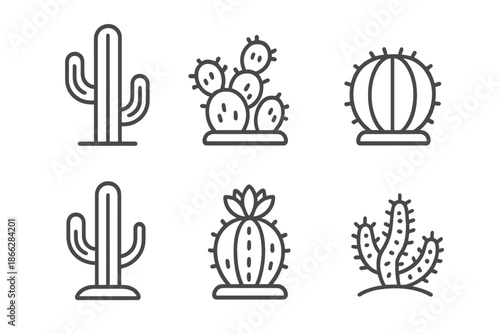 Cactus Line Icons. Line style icons of Cactus: tall cactus, cactus cluster, rounded cactus, blooming cactus, spiny arm shape,