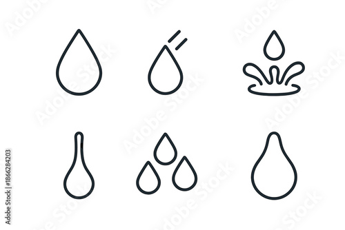 Raindrop Icon Series. Line style icons of Raindrop: single drop, falling drop, splash shape, droplet cluster, rounded drip, soft