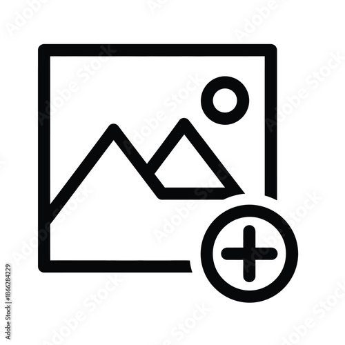 Vector illustration icon black line icon of a photo with a plus sign in a circle on a for editing or adding to a collection