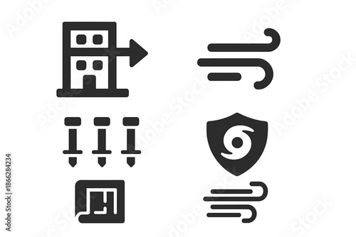 Hurricane-Resistant Design Icons. Solid style icons of hurricane-resistant design systems: reinforced building, wind arrow, anchor