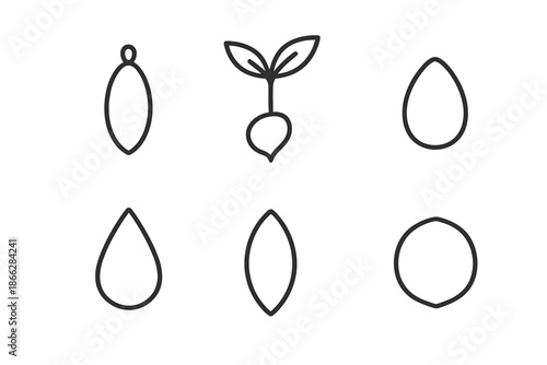Plant Origin Icons. Line style icons of Plant Origins: tiny pod form, sprout hint, natural kernel, soft curve seed, minimal pod,
