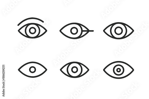 Vision Icons Collection. Line style icons of Vision Symbols: gaze curve, sight line, subtle iris, small pupil dot, rounded contour
