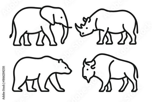 Line Style Creatures. Line style icons of Large Creatures: heavy silhouette, broad frame, curved spine, thick limb line, subtle