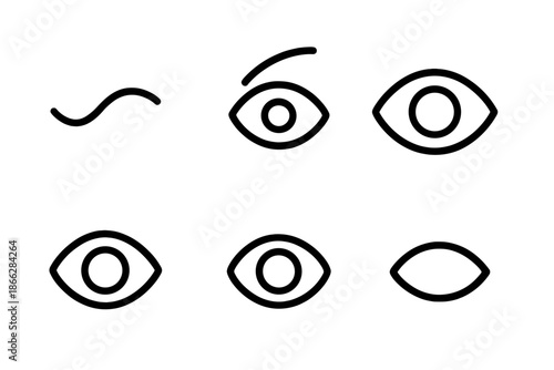 Vision Symbol Icons. Line style icons of Vision Symbols: sight curve, gaze mark, subtle iris, rounded contour, gentle pupil,