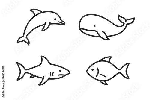 Marine Creature Icons. Line style icons of Marine Creatures: soft curve body, gentle fin line, subtle snout, calm outline, tiny