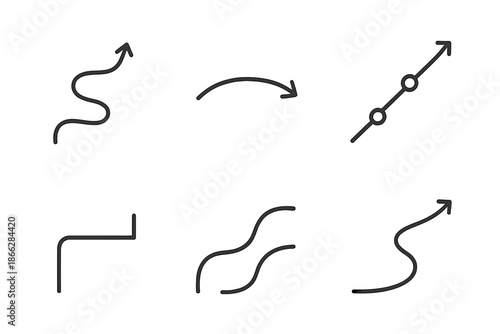 Line Style Directions. Line style icons of Direction Lines: flowing route, subtle arc, plotted line, minimal turn, simple track,