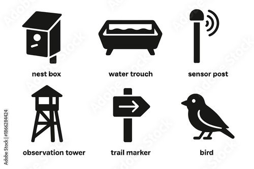 Urban Wildlife Tools Icons. Solid style icons of urban wildlife tools: nest box, water trough, sensor post, observation tower,