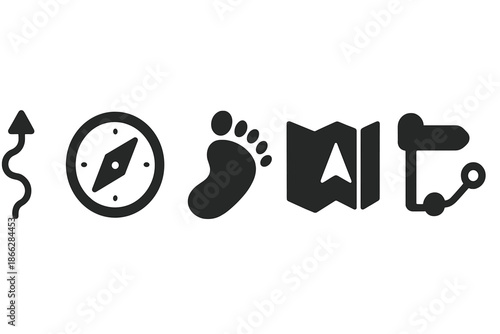 Journey Tools Icons. Solid style icons of aligned journey tools: straight path, compass, footprint, map, milestone icon,
