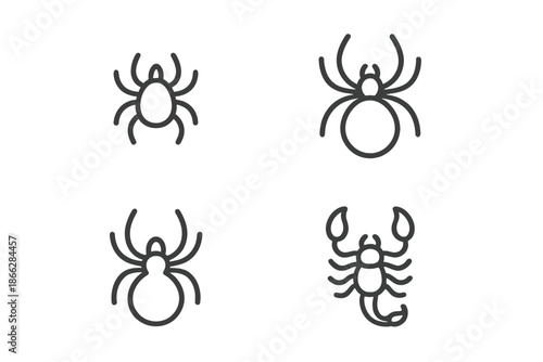Arachnid Line Icons. Line style icons of Arachnids: tiny crawler, curved leg lines, rounded body form, soft outline, minimal shape
