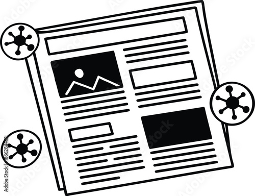 Breaking News: A newspaper with headlines and articles, amidst a surrounding of virus, is a visual metaphor for the impact of health information.