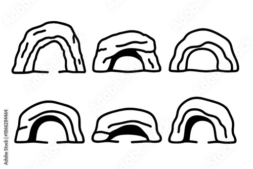 Rock Shelter Icons. Line style icons of Rock Shelters: rugged arch, hollow space, curved stone frame, natural opening, subtle