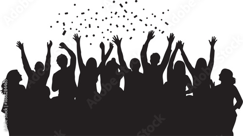 Silhouette of a joyful crowd celebrating with confetti in air