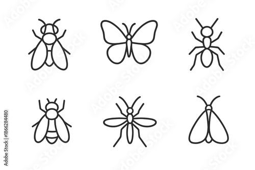 Line Style Insects. Line style icons of Insects: tiny flier, soft wing arc, slender legs, delicate antenna line, minimal body,