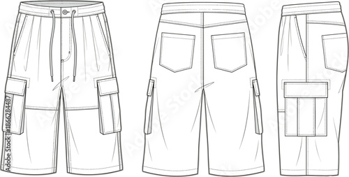 Cargo shorts technical flat sketch, front back side views, fashion design template, utility pocket details, apparel illustration, menswear garment blueprint, vector outline drawing