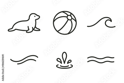 Shoreline Icon Art. Line style icons of Shoreline Ball Scene: lounging creature, beach ball, soft wave, whisker curve, small