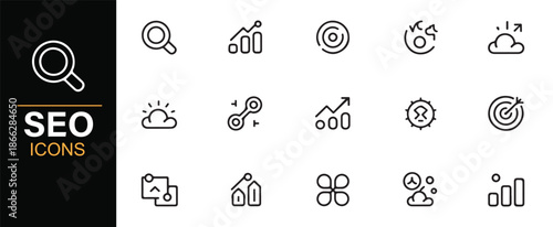 SEO strategy and website analytics outline icons