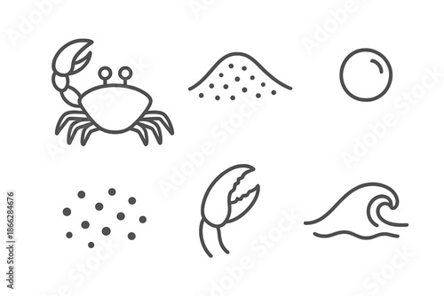 Sandgrain Crab Icons. Line style icons of Sandgrain Crab Scene: crab profile, fine sand, small air bubble, pincer motion, beach