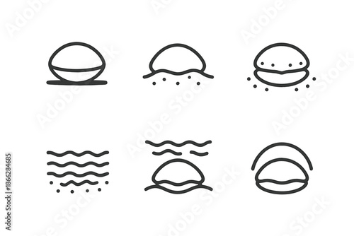 Buried Clam Icons. Line style icons of Buried Clam Scene: closed form, sandy cover, pebble dot, seafloor texture, water shimmer,