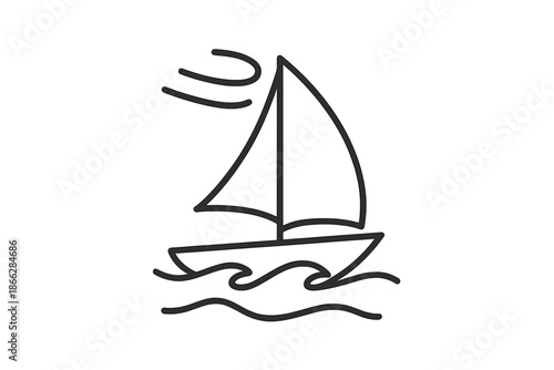 Seawind Sail Icons. Line style icons of Seawind Sail Motion: lean hull, stretched sail, wind curves, foam arcs, mast contour,