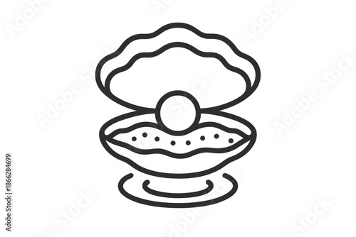 Sand Pearl Icon. Line style icons of Sand Pearl Cradle: oyster outline, lifted shell, centered pearl, grainy seabed, pebble dots,