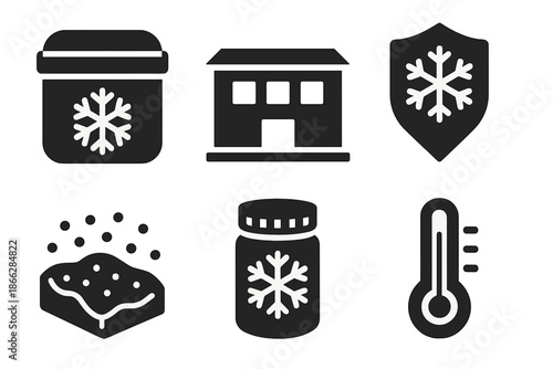 Cryosphere Preservation Icons. Solid style icons of cryosphere preservation: insulated storage, cold lab, frost shield, snowpack