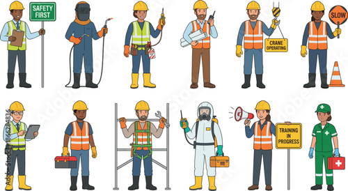 Cartoon construction and safety workers with PPE, signage, welding, tools, medical aid, and industrial roles