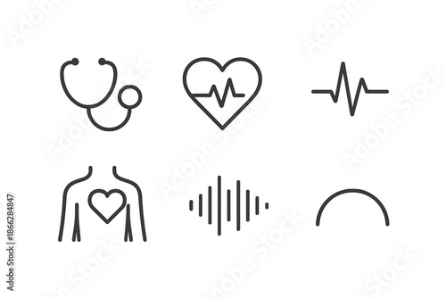 Heartcare Icon Elements. Line style icons of Heartcare Sound Trace: tube arc, heart form, pulse streak, chest mark, audio waves,