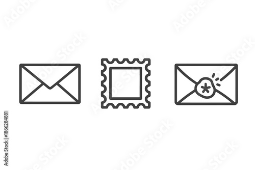 Iconic Envelope Secrets. Line style icons of Envelope Stamp Secret: envelope silhouette, postage stamp, sealed flap, soft fold,
