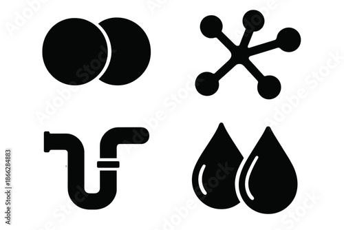 Liquid Network Icons. Solid style icons of cohesive liquid networks: merging orbs, metallic veins, flowing pipelines, interlinked