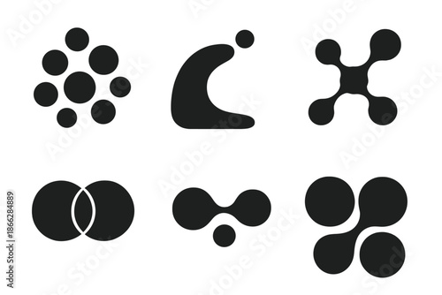 Mercury Flow Design. Solid style icons of mercury-inspired flow design: bead clusters, liquid arcs, network droplets, fusion lines