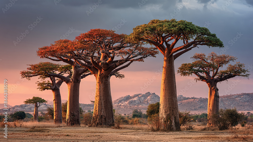 Naklejka premium Majestic baobab trees stand tall against a vibrant sunset, their unique shapes creating a picturesque scene. The sky is a blend of colors, adding beauty to the view.