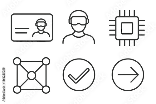 Metaverse ID Icons. Line vector icons of metaverse resident ID: slim card, digital avatar, chip square, connection grid,