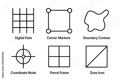 Digital Territory Icons. Line vector icons of online territory grid: digital field, corner markers, boundary contour, coordinate