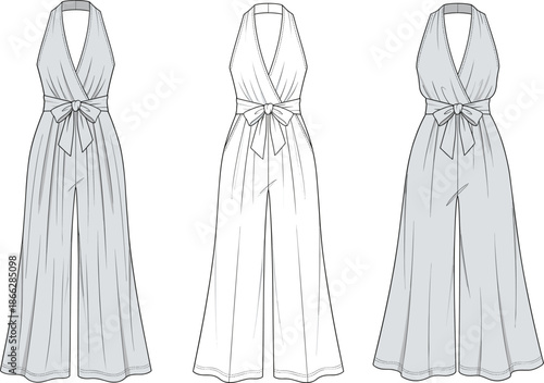 Elegant women maxi dress fashion sketch illustration, sleeveless wrap neckline long gown design, technical flat drawing, modern female apparel concept, isolated white background