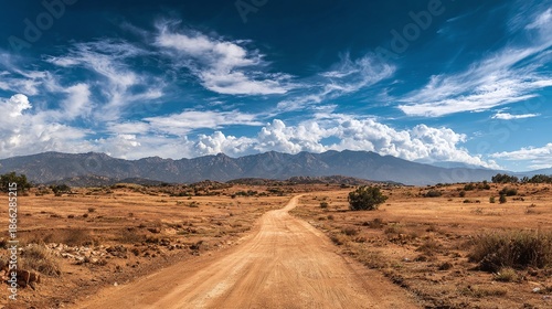 Dirt road leading into the distance in a desert-like landscape with mountains on the horizon under a blue sky filled with clouds, nature, outdoors, scenic, arid terrain, sunlight.