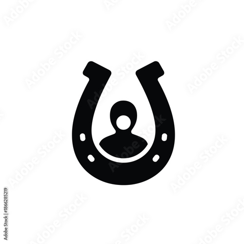 Vector illustration icon black silhouette of a person inside a horseshoe on a symbolizing good luck and fortune