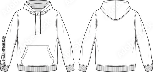 Front and back hoodie technical drawing, vector apparel illustration, long sleeve sweatshirt template, fashion design mockup, casual wear outline, isolated clothing sketch