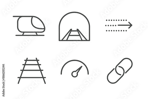Tunnel Transport Icons. Line vector icons of tunnel-based transport capsule: pod frame, tunnel outline, rail path, airflow dots,