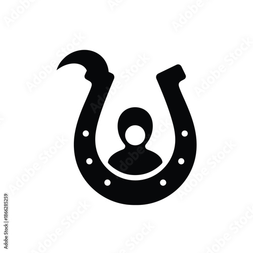 Vector illustration icon black silhouette of a person inside a horseshoe on symbolizing good luck and fortune