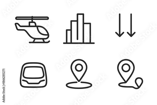 Sky Taxi Icons. Line vector icons of sky-based city taxi: light rotor craft, skyline hint, vertical arrows, cockpit outline, hover
