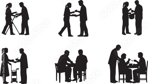 Silhouettes of people interacting in various social and business settings